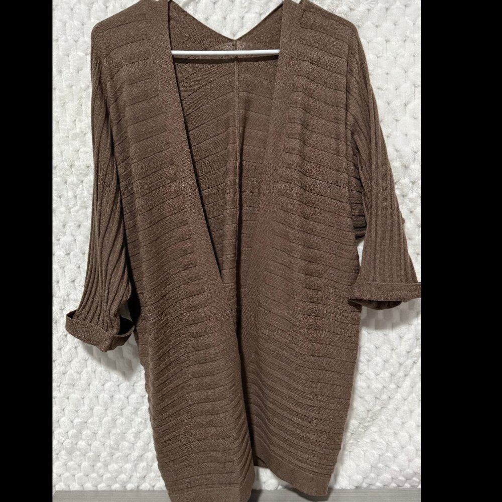 SHEWIN Women’s Open-Front Cable Knit Cardigan Sweater 3/4 Sleeves - L - Brown